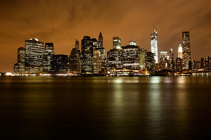 lighted cityscape during nighttime, manhatten, manhatten, Financial District