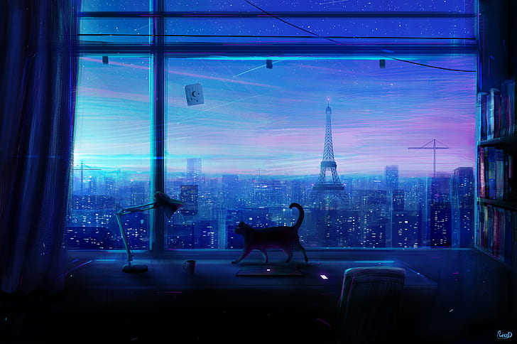 cat, the city, room, window, art, skyscrapers, Lonely Night, HD wallpaper