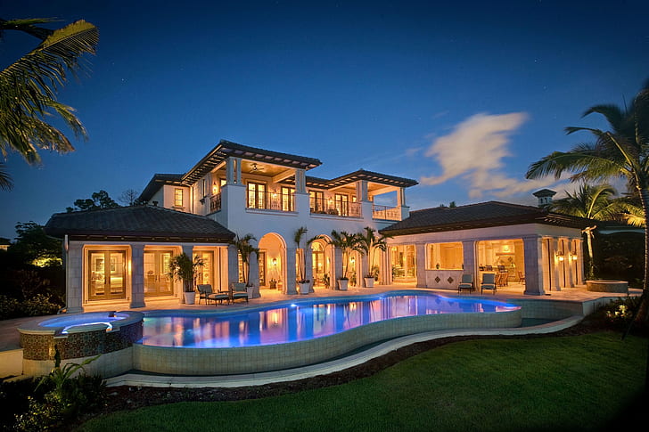 house, modern, lights, HDR, clouds, grass, building, palm trees, HD wallpaper