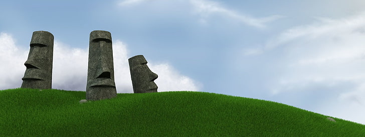 three Moai, Man Made, Face, Moai Statues