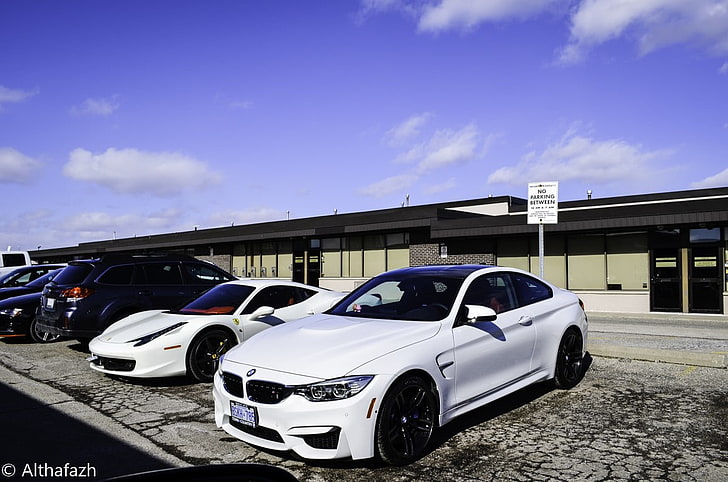 white BMW coupe, Ferrari, BMW M4 Coupe, Ferrari 458, car, supercars, HD wallpaper
