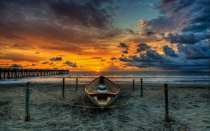 beach, sunset, boat, sky, sunlight, pier, sea, water, cloud - sky, HD wallpaper