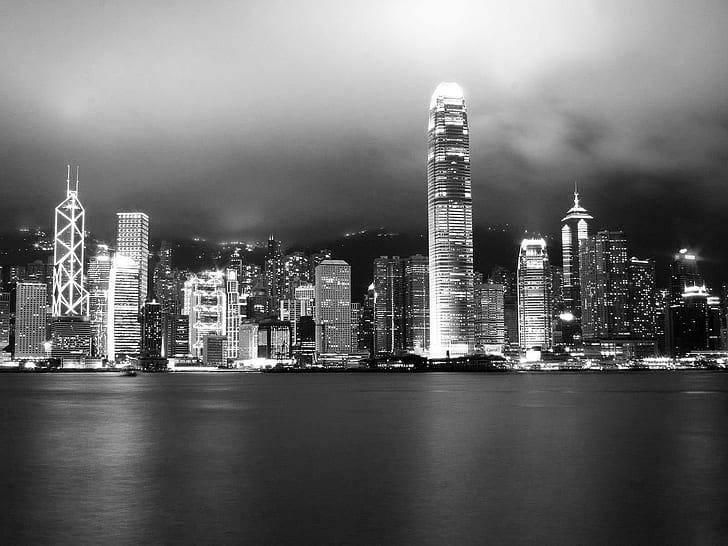 town, lights, black, white, water, cityscape, Hong Kong, monochrome
