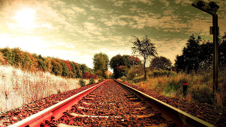 track, rails, railway, railroad, tracks, countryside, sky, sunlight, HD wallpaper