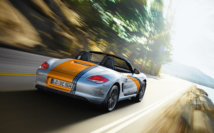 Porsche Boxter E 2, gray and orange convertible car, cars, HD wallpaper