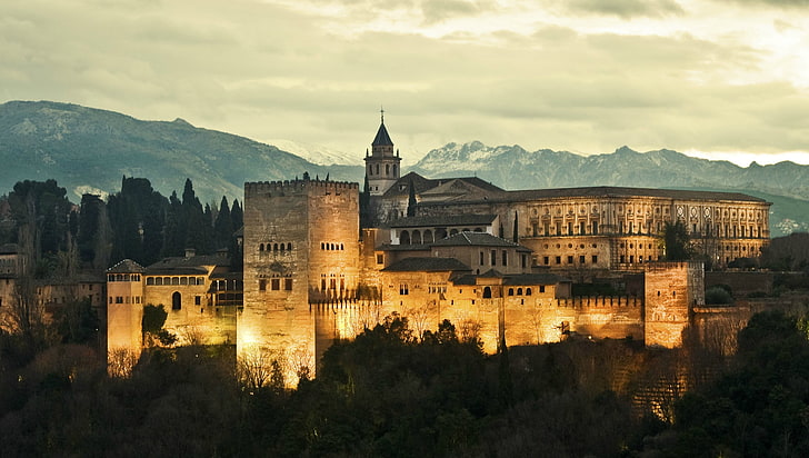 gray concrete building, Spain, Alhambra, fortress, Granada, building exterior