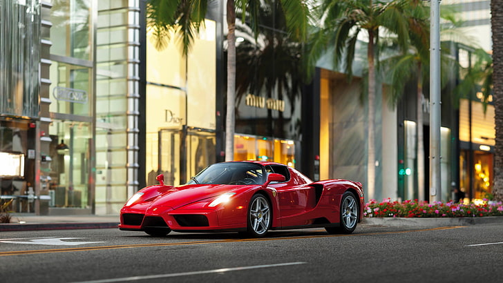 red 5-door hatchback, car, street, Ferrari, palm trees, Ferrari Enzo, HD wallpaper