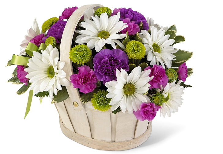 white, purple, and green petaled flowers and gray basket, chrysanthemums