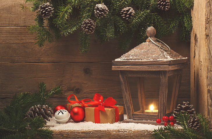 snow, decoration, balls, New Year, Christmas, lantern, gifts