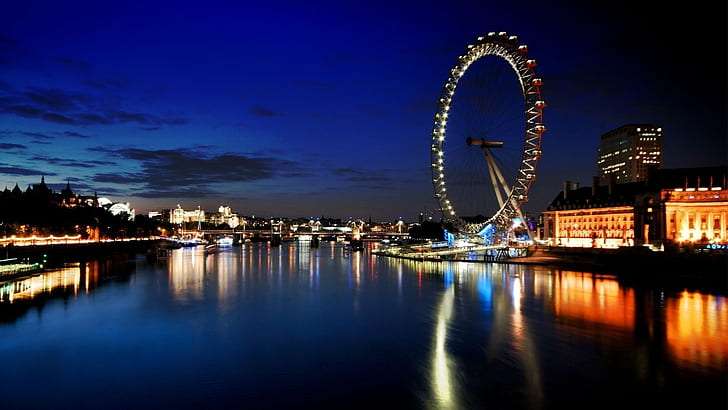 cityscape, reflection, river, London Eye, River Thames, UK