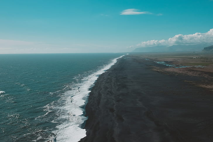 nature, black sand, Iceland, beach, water, HD wallpaper