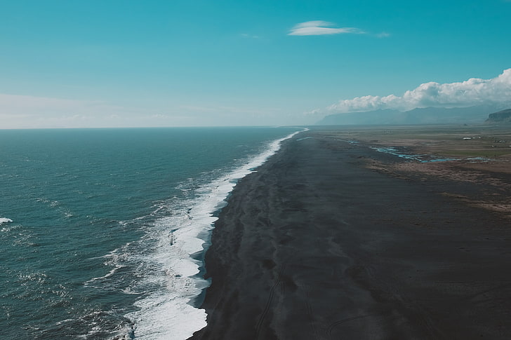 brown sand, nature, water, beach, Iceland, black sand, sea, sky, HD wallpaper