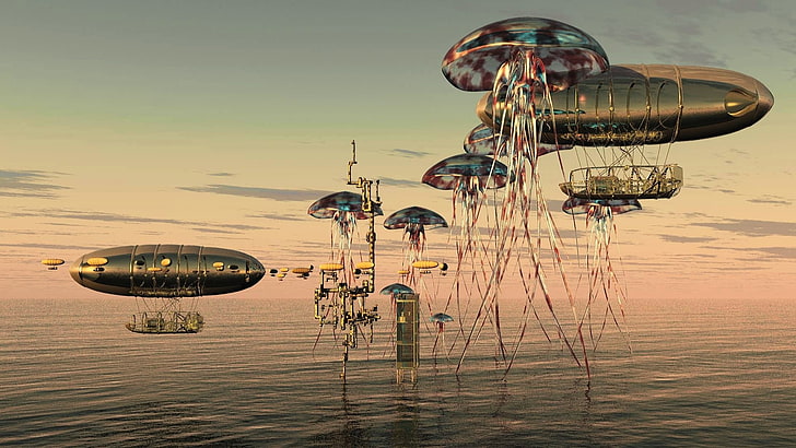 spacecraft movie scene digital wallpaper, fantasy art, jellyfish
