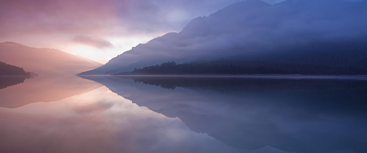 body of water near mountain, landscape, reflection, mist, lake