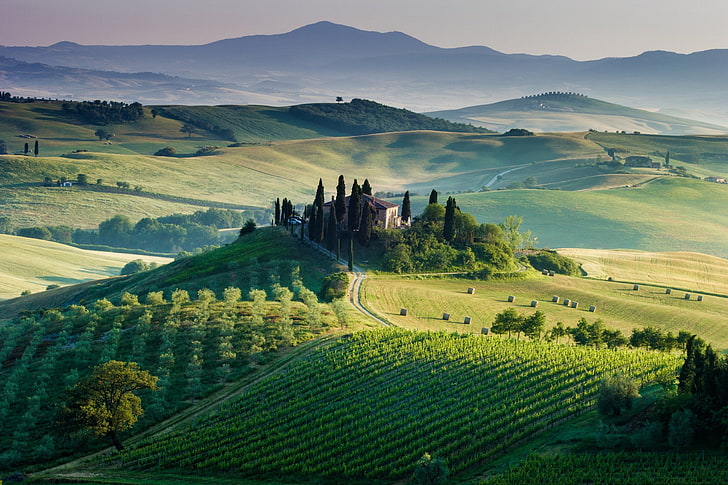 Europe, Farm, field, Haystacks, Hill, Italy, landscape, sunlight, HD wallpaper
