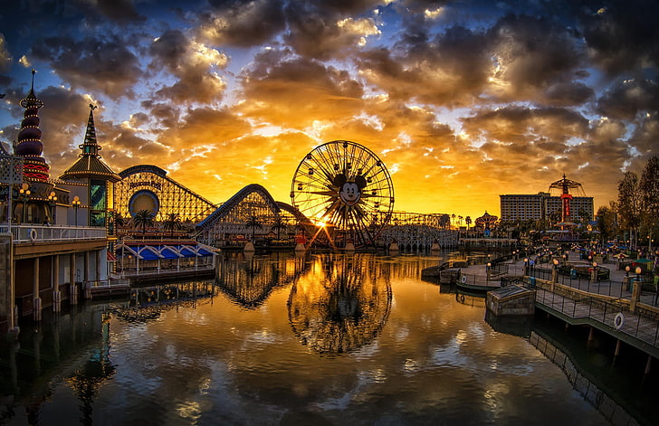 city, river, ferris wheel, reflection, pier, California, Disneyland, HD wallpaper