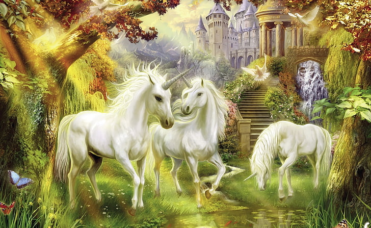 Fantasy Unicorns, three white unicorns near palace painting, Artistic