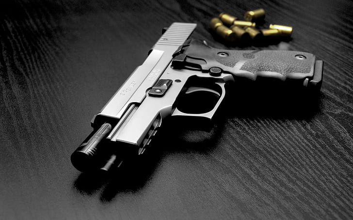 Silver Pistol and Bullets, black semi automatic pistol, military