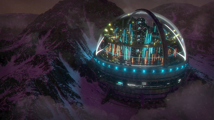 David Legnon, snowy mountain, globe, city, cyberpunk, science fiction, HD wallpaper