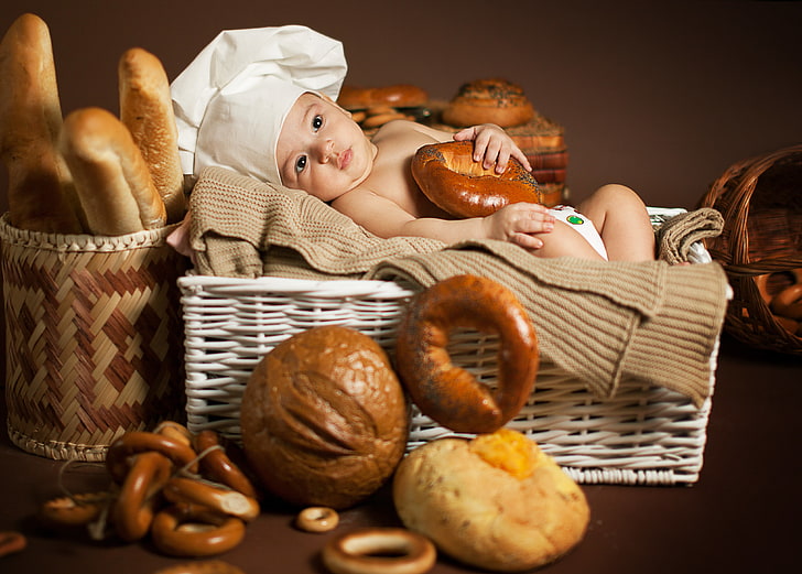 baby's white hat and baked bread lot, children, bagels, cap, basket, HD wallpaper