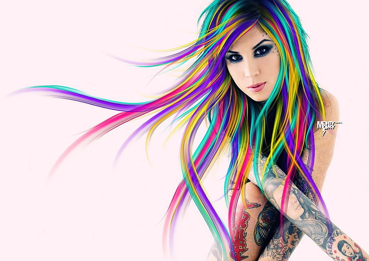Kat Von D, tattoo, colorful, photo manipulation, indoors, young adult, HD wallpaper