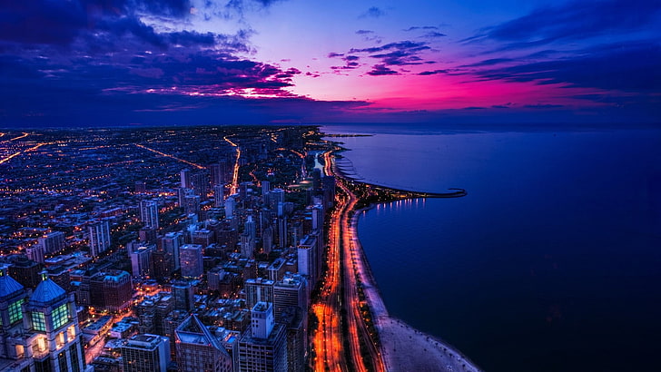 photo of city during night time, sea, lights, Chicago, architecture