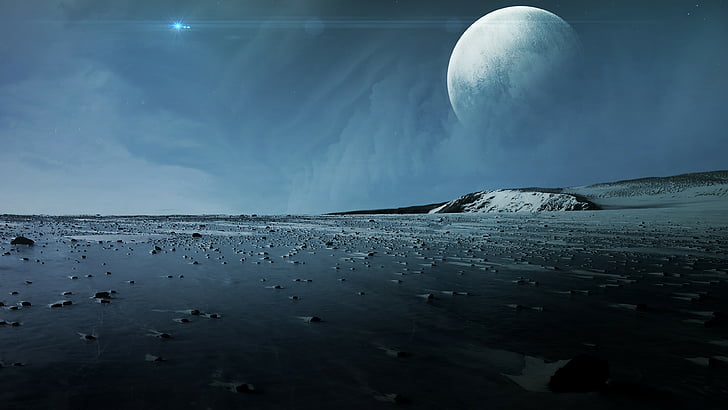 planet, sky, moon, ice, surface, alien planet, fantasy landscape, HD wallpaper