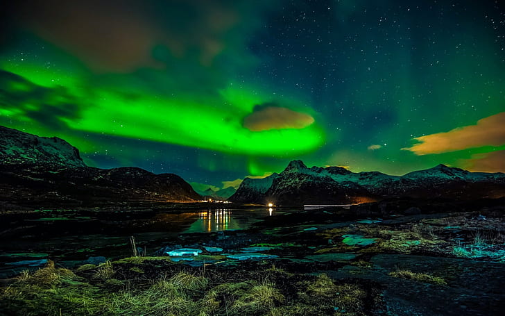 Lofoten Islands, Norway, polar night, aurorae, landscape, retouching