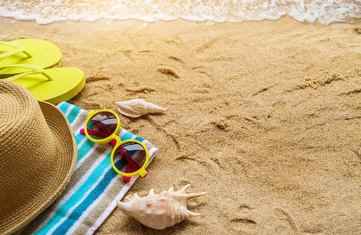sand, sea, beach, summer, the sun, stay, towel, hat, glasses, HD wallpaper