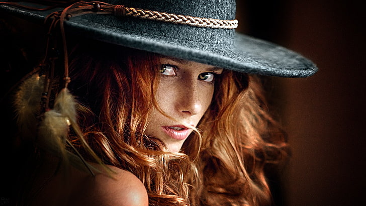 women, redhead, hat, face, closeup, green eyes, freckles, portrait, HD wallpaper