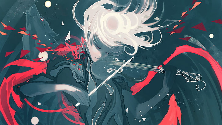white-haired anime character playing violin illustration, stars
