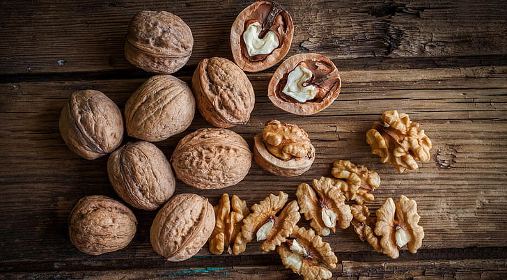 food, nuts, wooden surface, walnuts, HD wallpaper