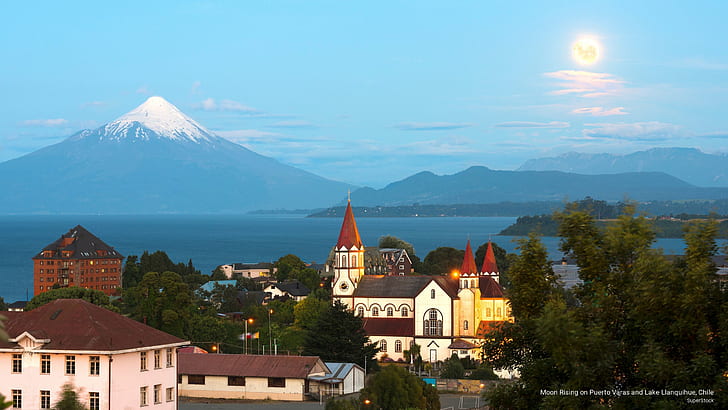 Moon Rising on Puerto Varas and Lake Llanquihue, Chile, South America