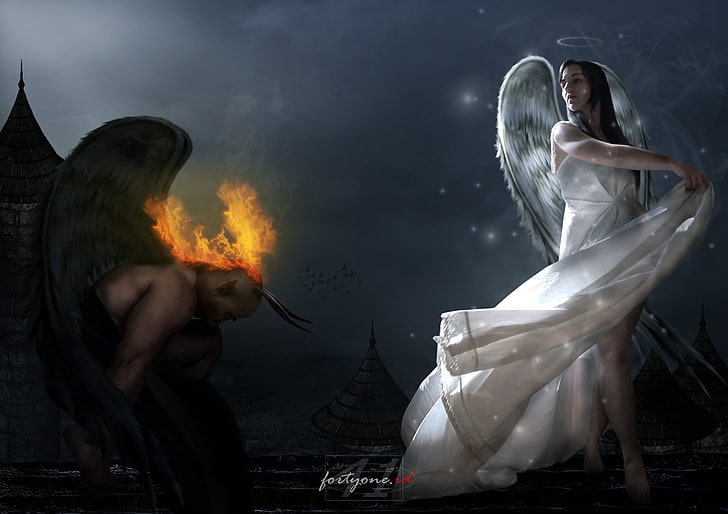 fantasy art, angel, wings, fantasy girl, Devil, fire, women
