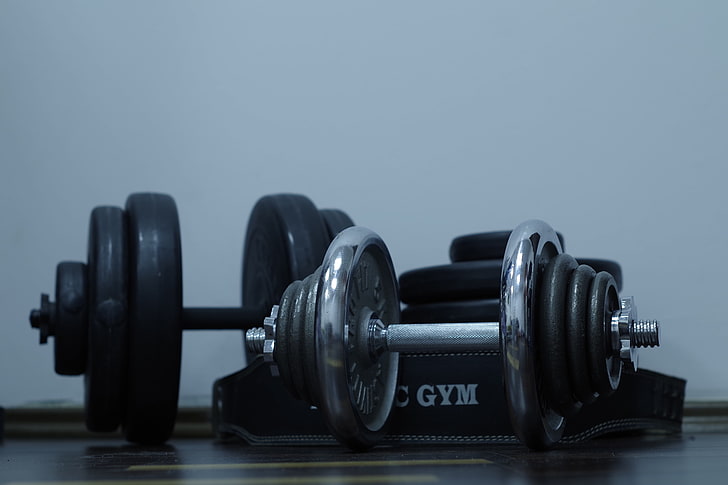 two gray and black adjustable dumbbells, gym, weight, disks, exercising