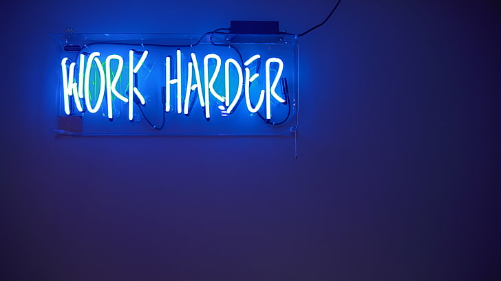 blue work harder neon signage, inscription, lighting, neon Light, HD wallpaper