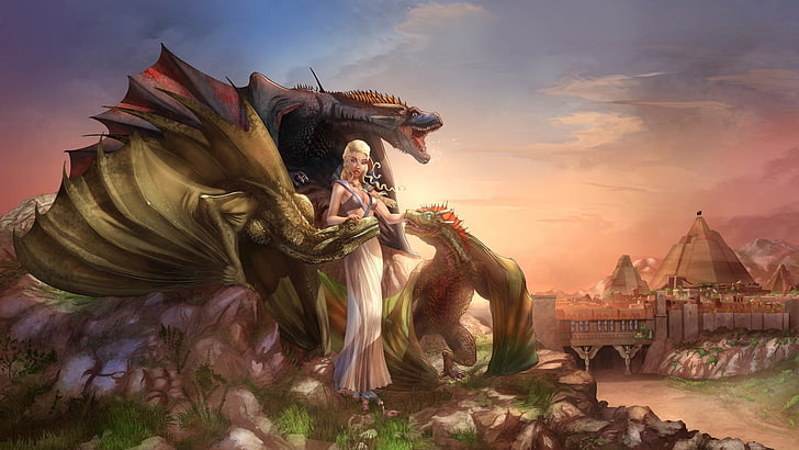 woman painting, Daenerys Targaryen, Game of Thrones, dragon, fantasy art