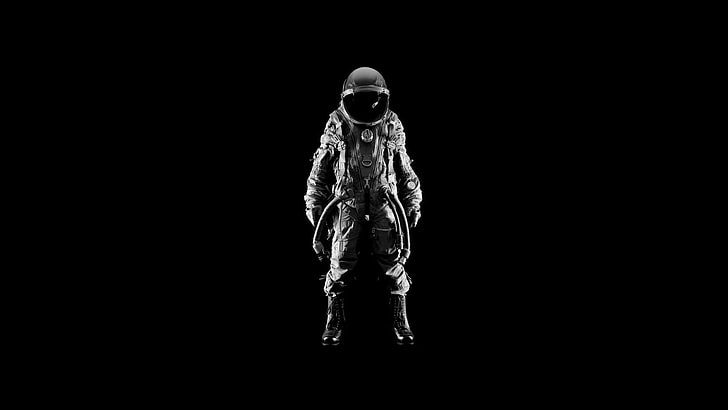 gray suit, digital art, black background, minimalism, astronaut