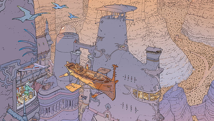 brown sailing ship painting, Mœbius, airships, birds, fantasy city, HD wallpaper