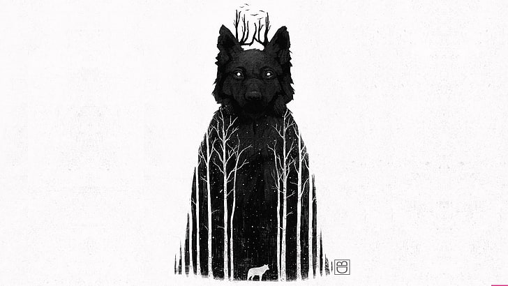 black wolf illustration, simple background, artwork, white background, HD wallpaper