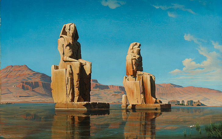 two brown pharaoh statues, Abu Simbel, Egypt, sculpture, rock