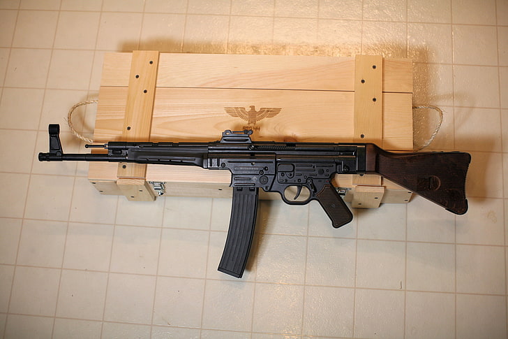 black AKM rifle and brown wooden crate, war, developed, world, HD wallpaper