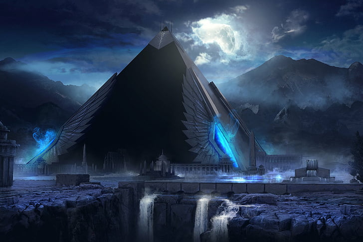 Fantasy, Pyramid, Building, Egyptian, Moon, Night, water, sky
