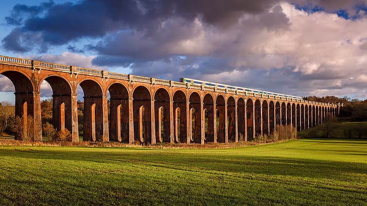 nature, landscape, bridge, grass, field, clouds, trees, Ouse Valley Viaduct, HD wallpaper