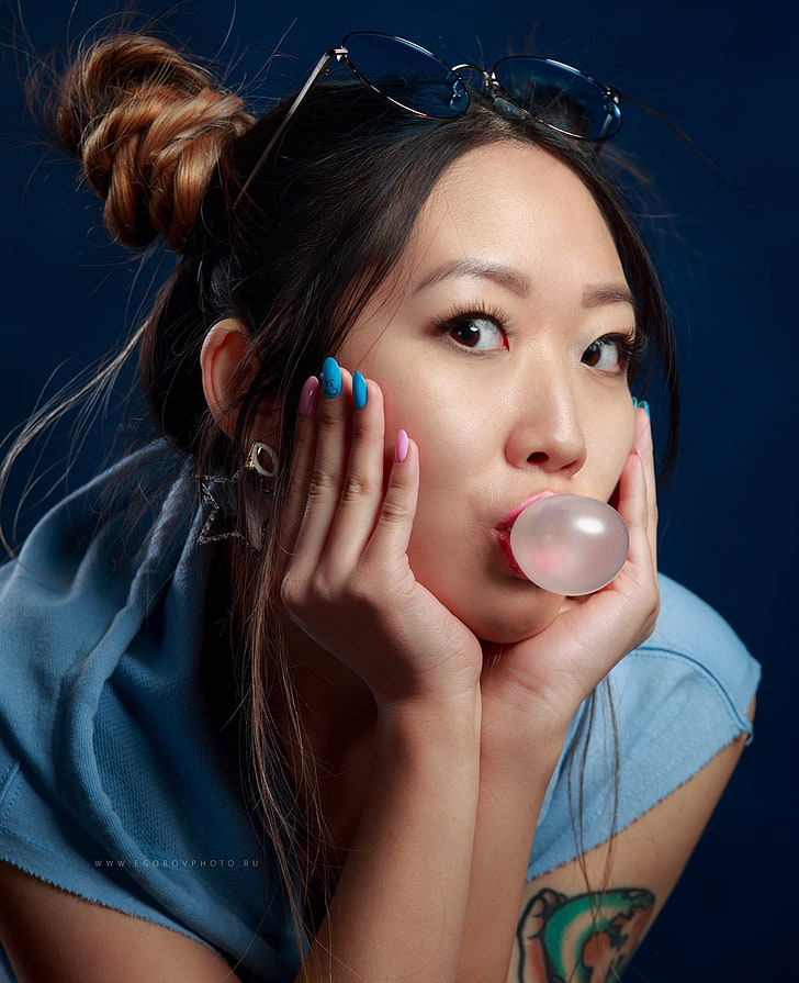 Asian, bubble gum, painted nails, women, face, one person, portrait, HD wallpaper
