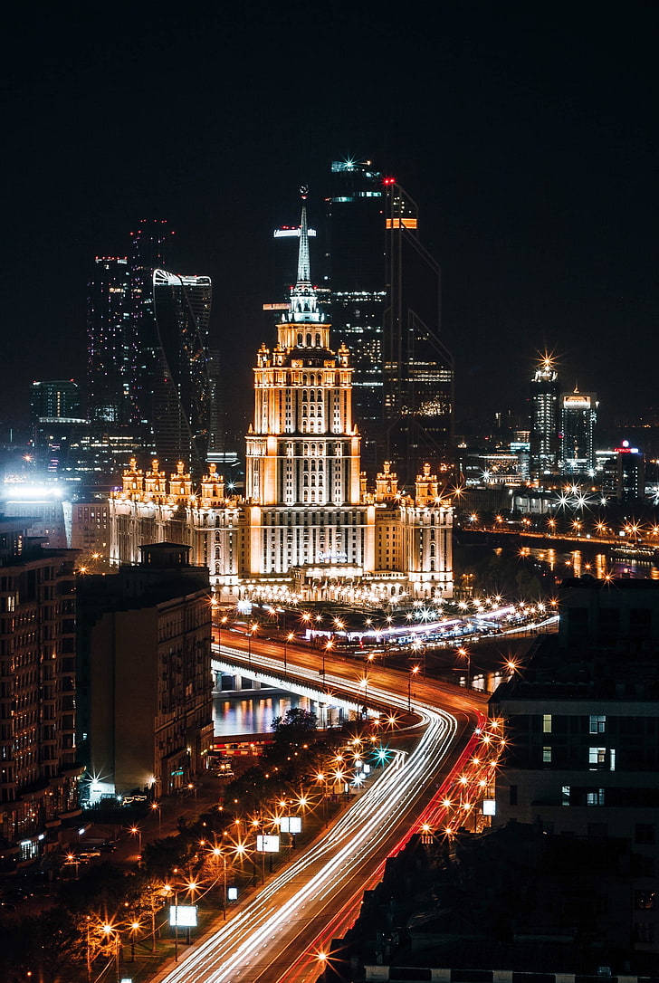 gray concrete building, moscow, russia, night city, architecture, HD wallpaper