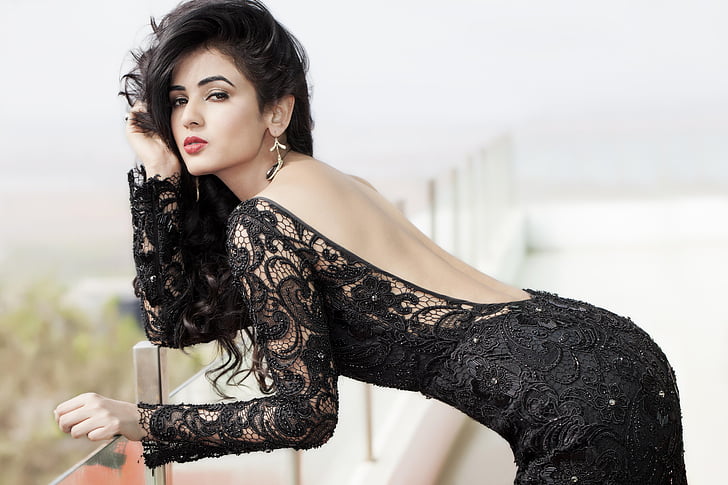 woman wearing black lace backless dress, Sonal Chauhan, Bollywood actress