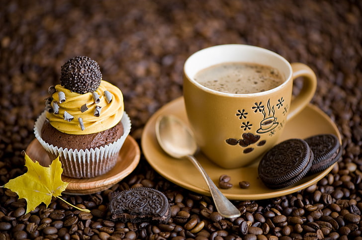 chocolate cupcake and yellow mug with saucer set, autumn, sheet