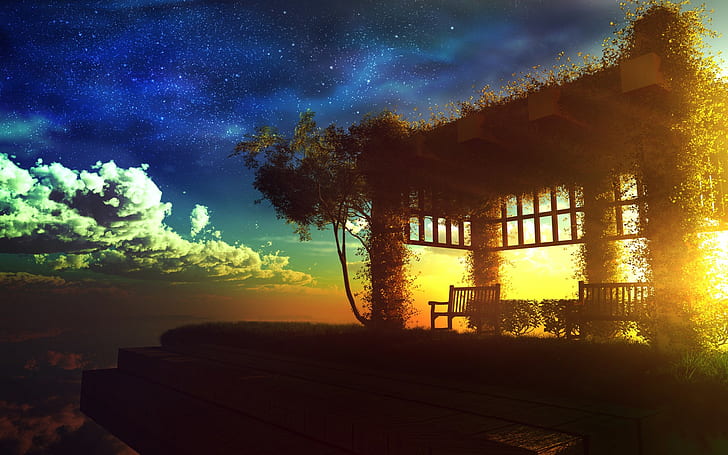 sky, sunset, sea, artwork, anime, sunlight, clouds, HD wallpaper