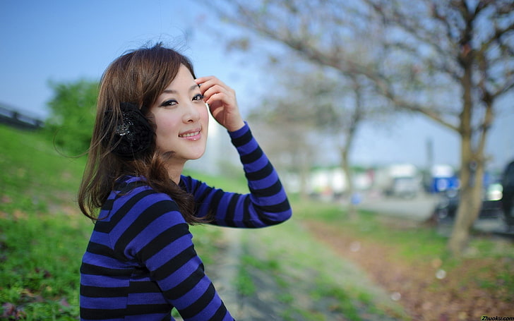Asian, women, smiling, model, tree, one person, hairstyle, focus on foreground